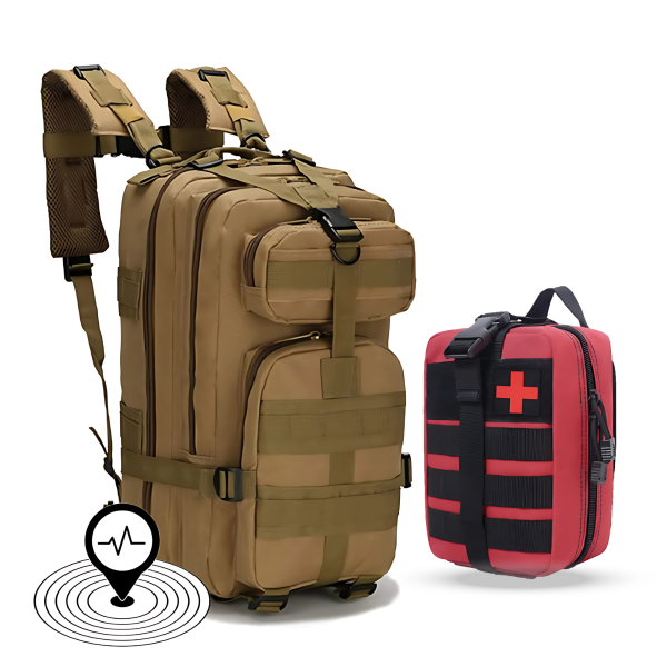 Mochila táctica de emergencia equipada con herramientas de supervivencia y botiquín, ideal para situaciones críticas y aventuras al aire libre