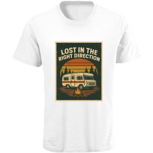 Playera retro con diseño camper vintage y fogata en estilo outdoor